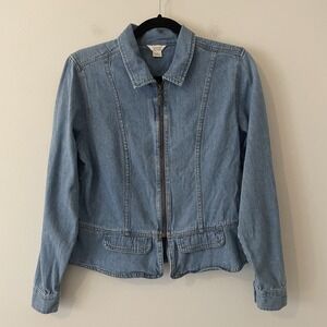 Vintage Crop Denim Full Zip Jacket Blue Sz S Peplum Western Boho Minimalist‎ Y2K